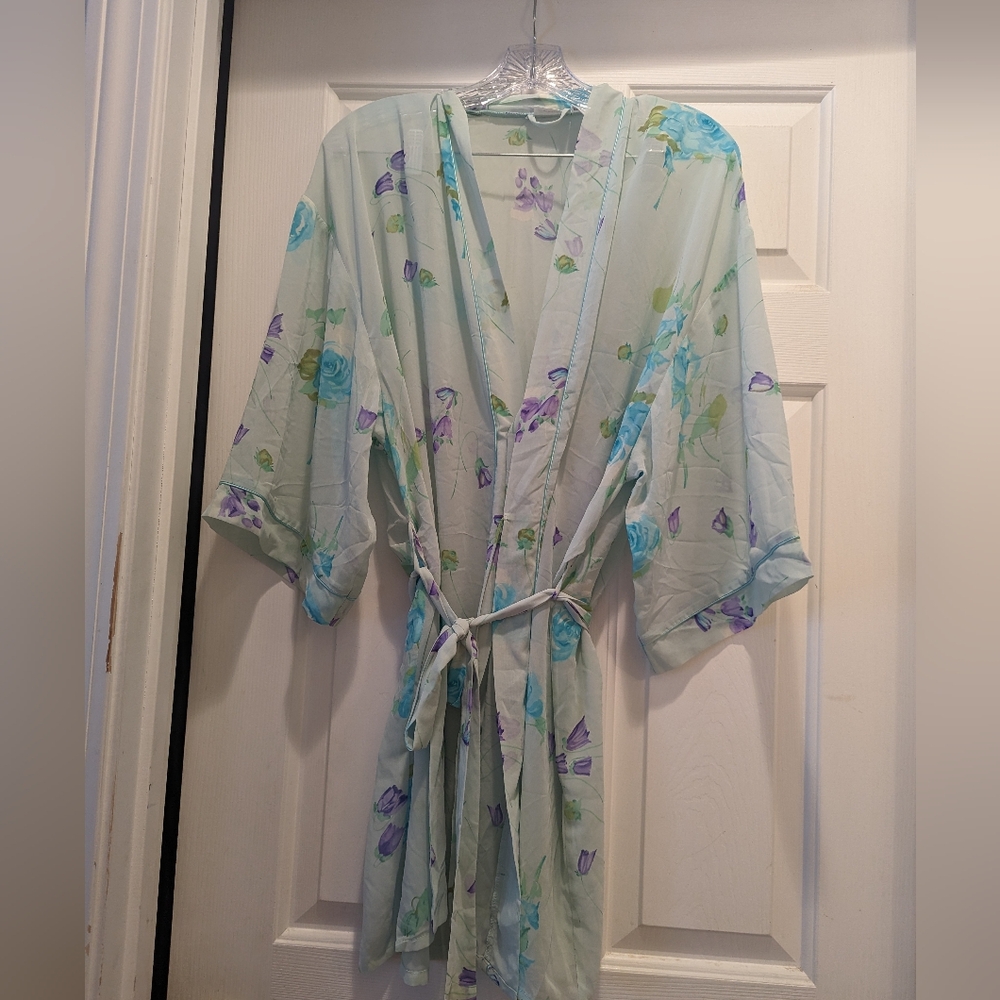 FREDERICK'S OF HOLLYWOOD Vintage Blue White Purple Floral Sheer Robe Sz L *EUC